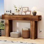 63 Inch Long Console Table w/Outlets & USB Ports, Narrow Rectangular Sofa Table Behind The Couch, Farmhouse Entryway Table for Entrance, Hallway, Living Room(Brown with Outlet)