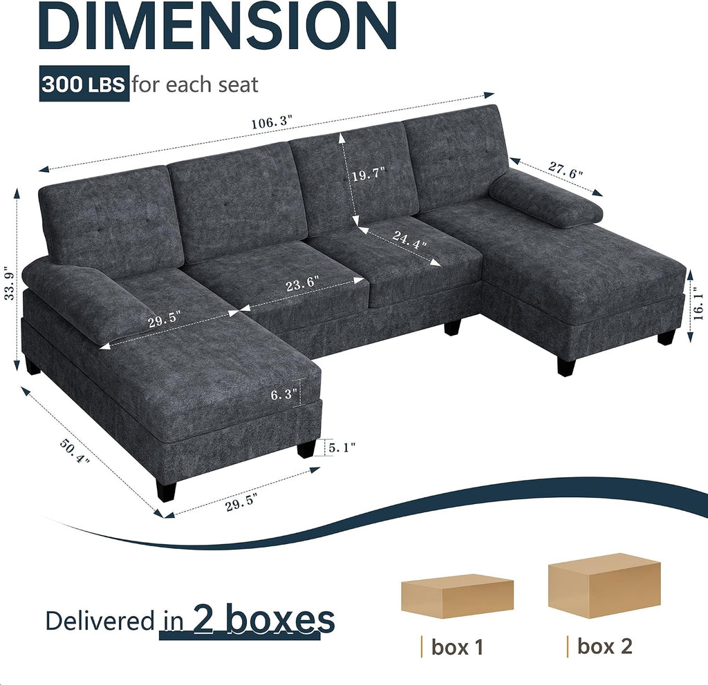Sectional Couches for Living Room, U Shaped Couch 4 Seat Sectional Sofa with Chaise and Armrests, Comfortable Fabric Sofa for Apartment (Grey)