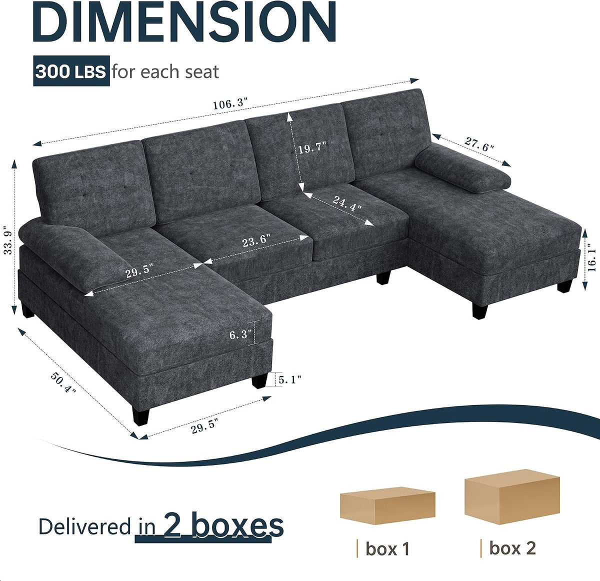 Sectional Couches for Living Room, U Shaped Couch 4 Seat Sectional Sofa with Chaise and Armrests, Comfortable Fabric Sofa for Apartment (Grey)