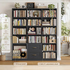 HOSTACK 71" Tall Triple Wide Bookshelf with Storage Drawers & Doors, Black