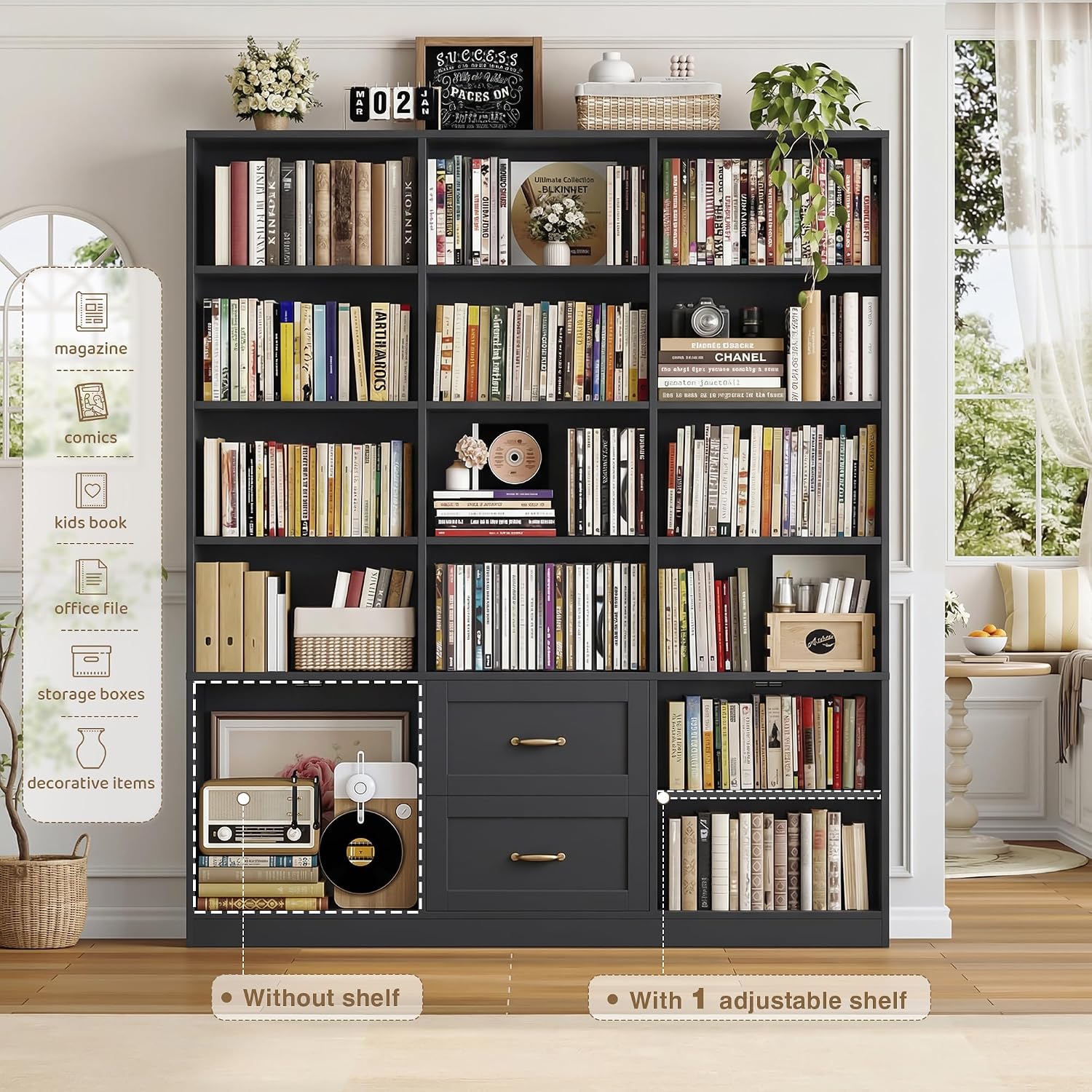 HOSTACK 71" Tall Triple Wide Bookshelf with Storage Drawers & Doors, Black