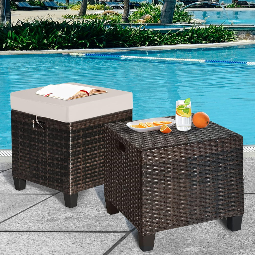 RELAX4LIFE 2-Piece Patio Ottoman Set - Wicker Footstools, All Weather PE Rattan Ottoman with Removable Cushions, Square Footrest Seat, Outdoor Stools for Garden, Porch, Pouf Ottoman (Brown)
