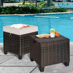 RELAX4LIFE 2-Piece Patio Ottoman Set - Wicker Footstools, All Weather PE Rattan Ottoman with Removable Cushions, Square Footrest Seat, Outdoor Stools for Garden, Porch, Pouf Ottoman (Brown)