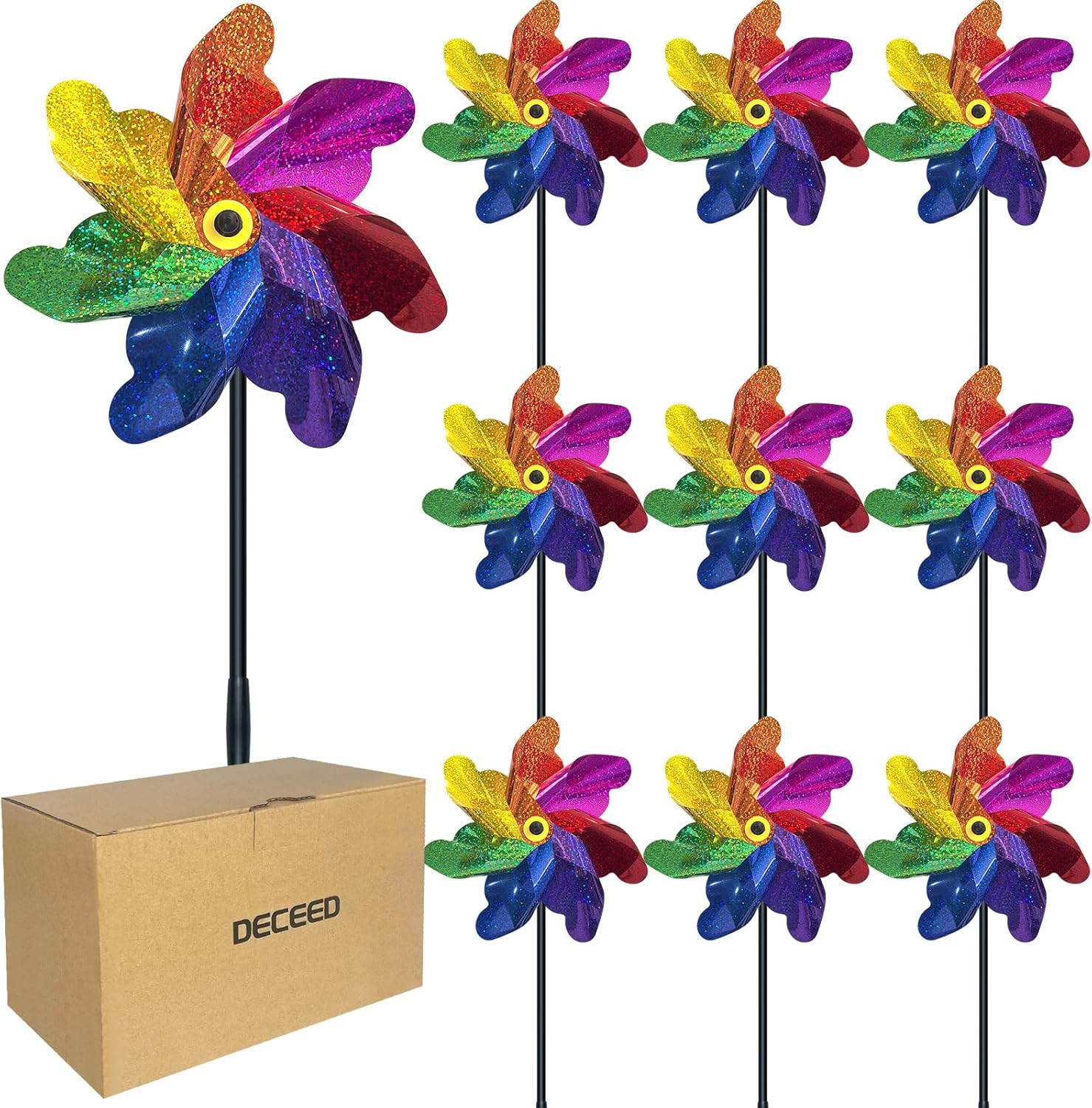 10 PCS Reflective Pinwheels for Yard and Garden Bird Devices Pre-Installed Sparkly Wind Spinner Deterrent to Scare Birds Away from Yard Patio Farm (Multicolor-2)