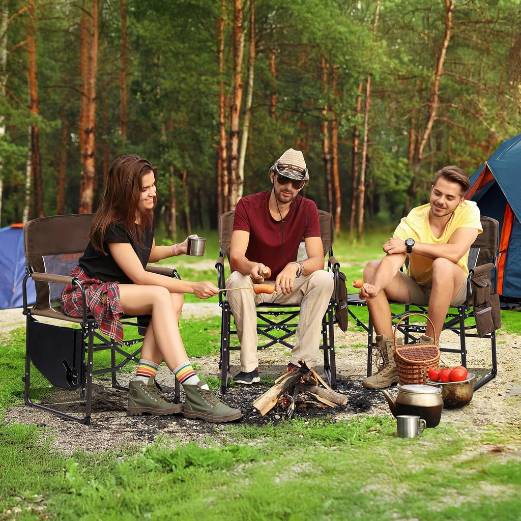 VINGLI Camping Chairs, Directors Chair, Camping Chair with Side Table & Carry Bag，Heavy Duty Camping Chairs for Adults,Portable Folding Camping Chair 2 Pack, for Beach, Fishing,Trip,Picnic,Lawn-Brown