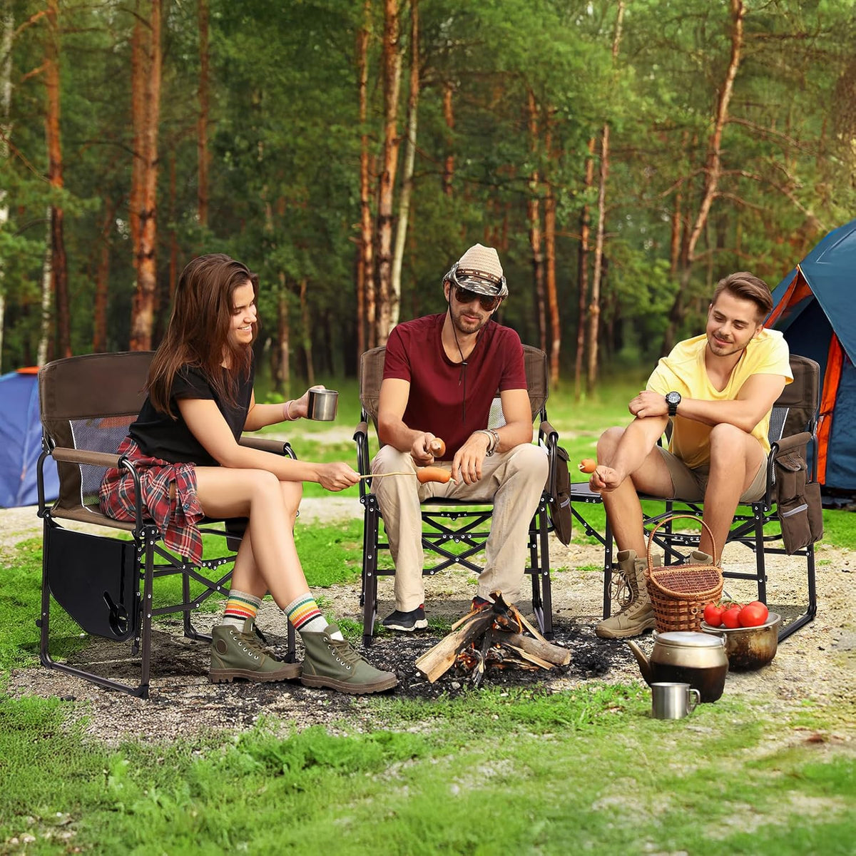 VINGLI Camping Chairs, Directors Chair, Camping Chair with Side Table & Carry Bag，Heavy Duty Camping Chairs for Adults,Portable Folding Camping Chair 2 Pack, for Beach, Fishing,Trip,Picnic,Lawn-Brown