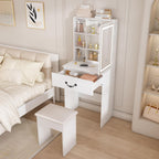 Small Makeup Vanity Desk with Mirror and Lights, Vanity Table Set with Storage Drawer & Open Shelves, 3 Lighting Colors, Adjustable Brightness Mini Makeup Vanity with Stool