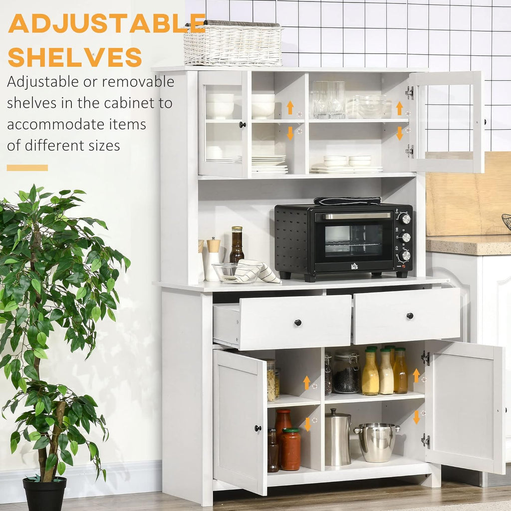 HOMCOM 63.5" Kitchen Buffet with Hutch, Pantry Storage Cabinet with 4 Shelves, Drawers, Framed Glass Doors, Open Microwave Countertop, Antique White