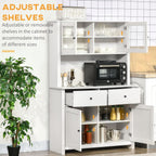 HOMCOM 63.5" Kitchen Buffet with Hutch, Pantry Storage Cabinet with 4 Shelves, Drawers, Framed Glass Doors, Open Microwave Countertop, Antique White