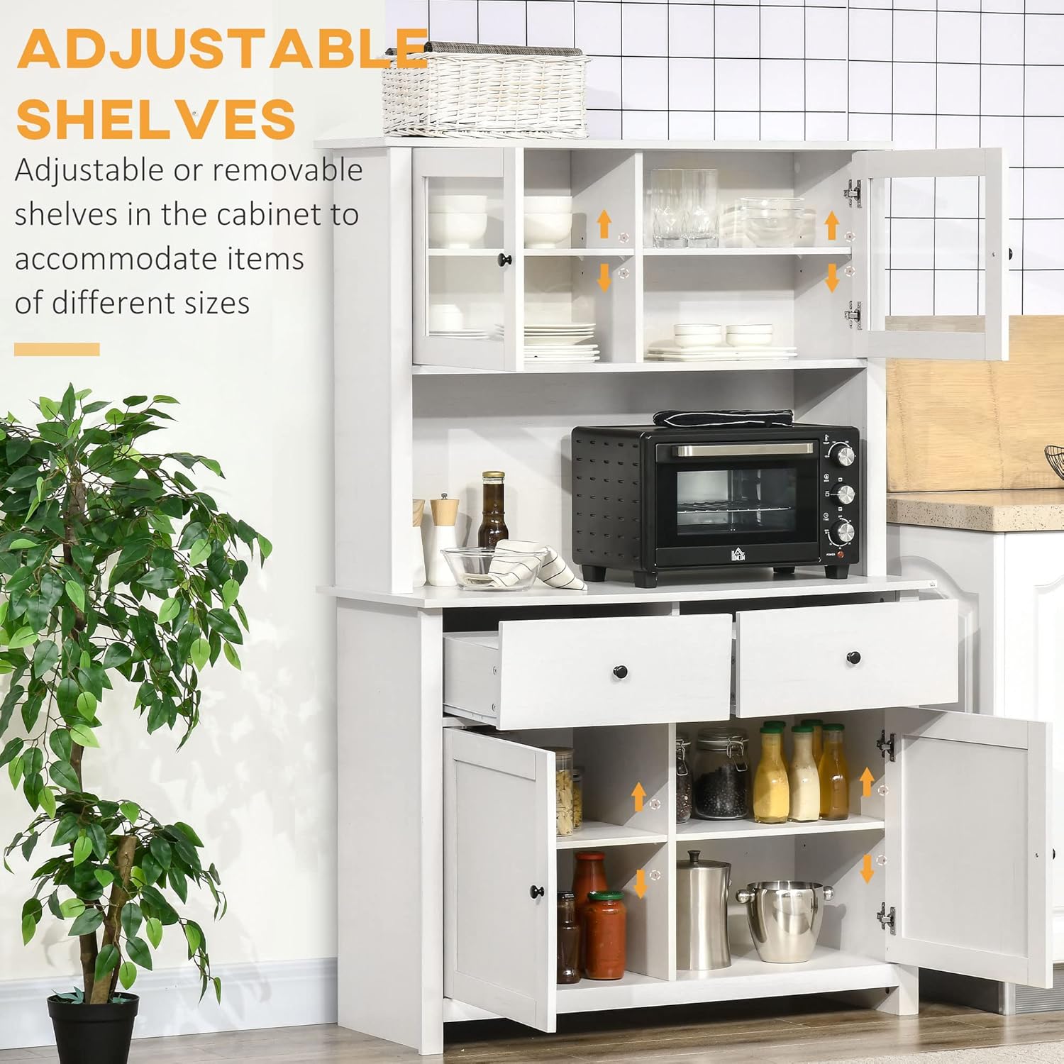 HOMCOM 63.5" Kitchen Buffet with Hutch, Pantry Storage Cabinet with 4 Shelves, Drawers, Framed Glass Doors, Open Microwave Countertop, Antique White