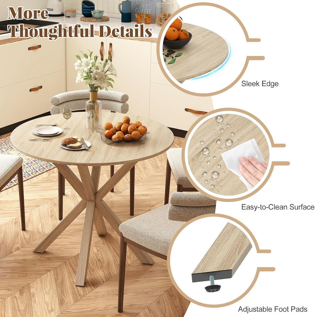 Moccha 36" Round Dining Table for 4 - Rubber Wood Kitchen Table with Intersecting Trestle Legs, Vintage Bar Table, Farmhouse Dining Room Tables for Dinette, Small Space, Restaurant, Bistro (Oak)