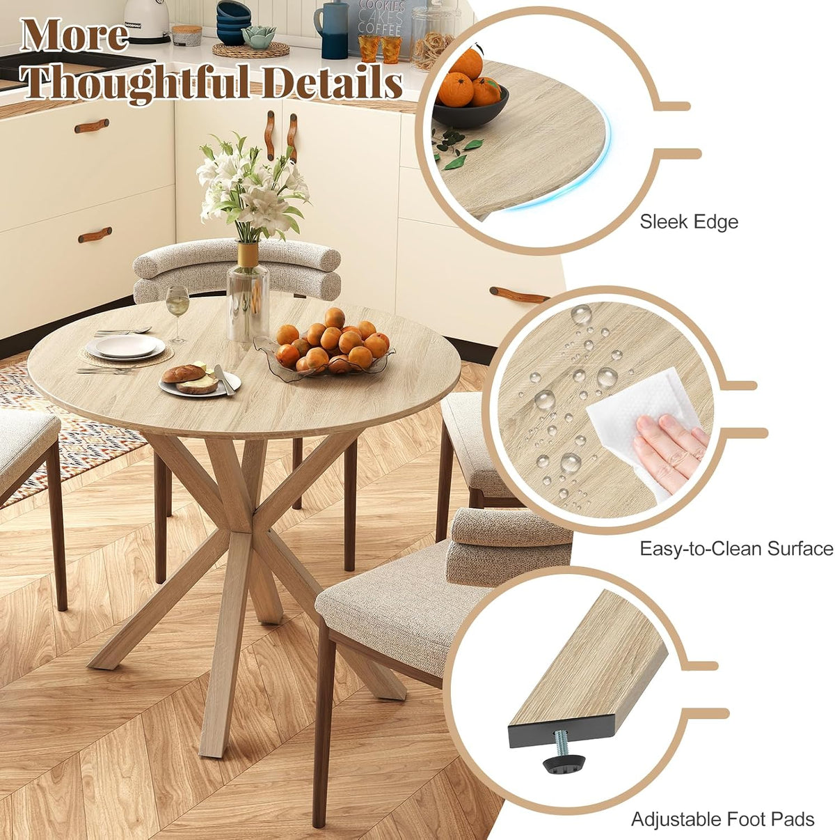 Giantex 36" Round Dining Table for 4, Farmhouse Kitchen Table with Rubber Wood Legs, Adjustable Foot Pads, Dining Room Tables for Dinette, Small Space, Dinner, Living Room, Restaurant, Oak