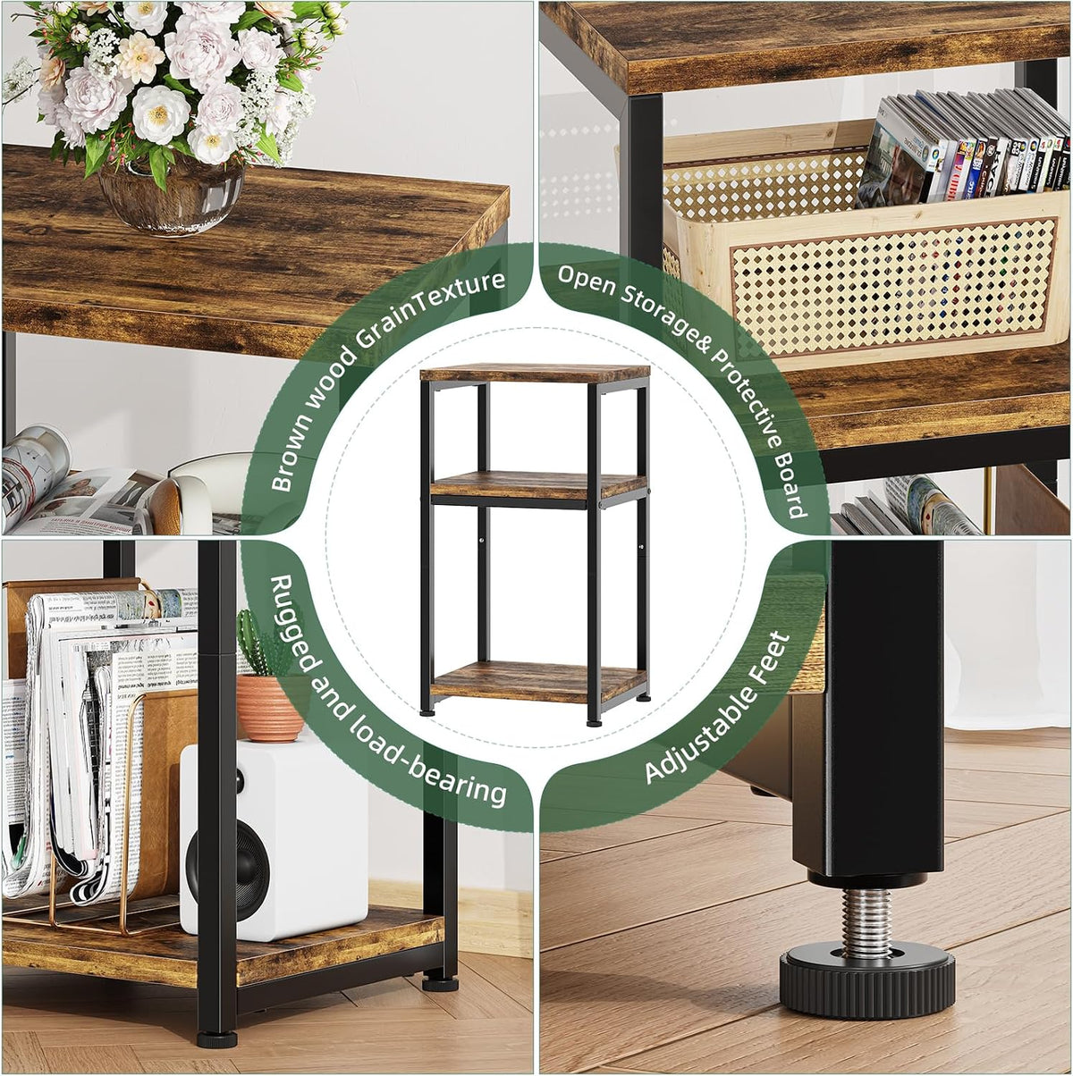 Simple Trending Side Table, End Table Night Stand, 3 Tiers Shelf for Living Room, Rustic Brown