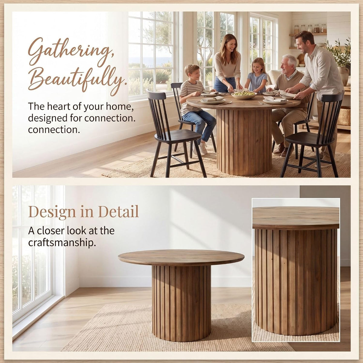 Reclaimed Round Pedestal Dining Table for 4-6 People, 47 Inch Wood Farmhouse Kitchen Table with Fluted Base, Rustic Circular Dining Table for Dining Room, Kitchen & Restaurant, Walnut