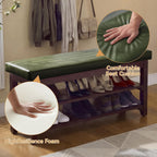 40" Faux Leather Shoe Storage Bench Entryway, Upholstered Bench with Leather Cushion, Solid Wooden 2 Tier Rack Shoe Organizer for Entry Way, Bedroom, Living Room, Green