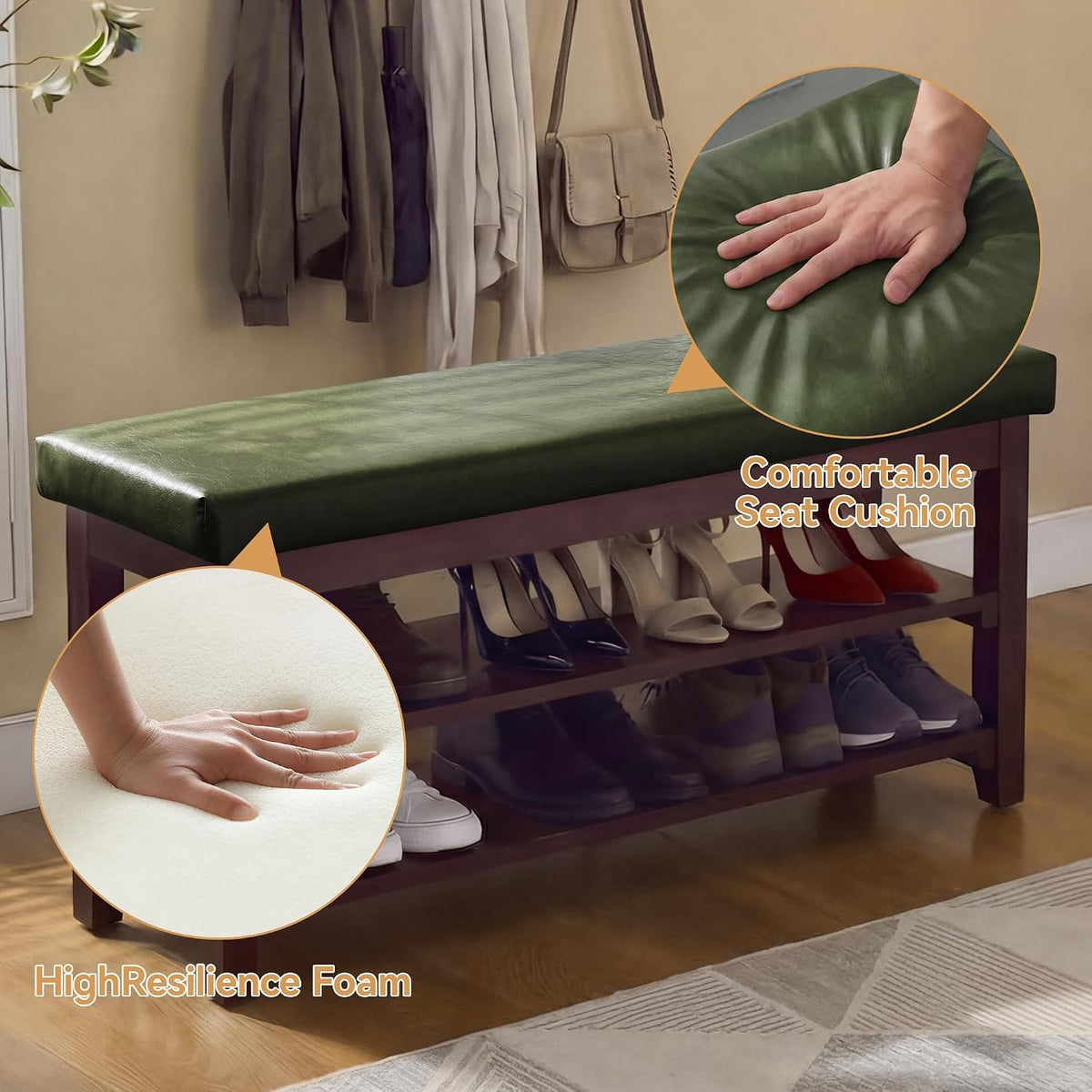 40" Faux Leather Shoe Storage Bench Entryway, Upholstered Bench with Leather Cushion, Solid Wooden 2 Tier Rack Shoe Organizer for Entry Way, Bedroom, Living Room, Green