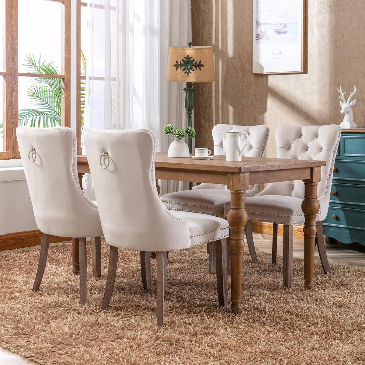 Bellemave Modern Upholstered Dining Chairs Set of 2, 2 Velvet Kitchen Dining Room Chairs with Nailhead Trim for for Living Room, Bedroom,(Beige, Wood Legs)
