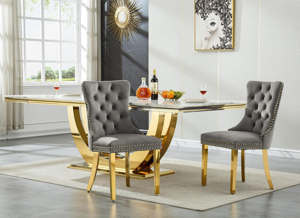 68" Marble Dining Table Set for 6, Luxury White Gold Kitchen Table with 6 Grey Velvet Dining Chairs, Modern Fuax Marble 7-Piece Dining Room Table Set for 6 w/Stainless Steel U-Base