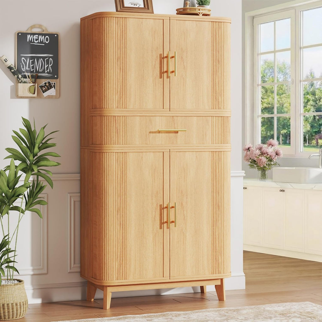 HUAHUU 71" Pantry Cabinet with Drawer, Kitchen Pantry Storage Cabinet with 4 Doors, Modern Curved Storage Cabinets with 10 Large Storage Spaces for Dining Room, Living Room, Oak