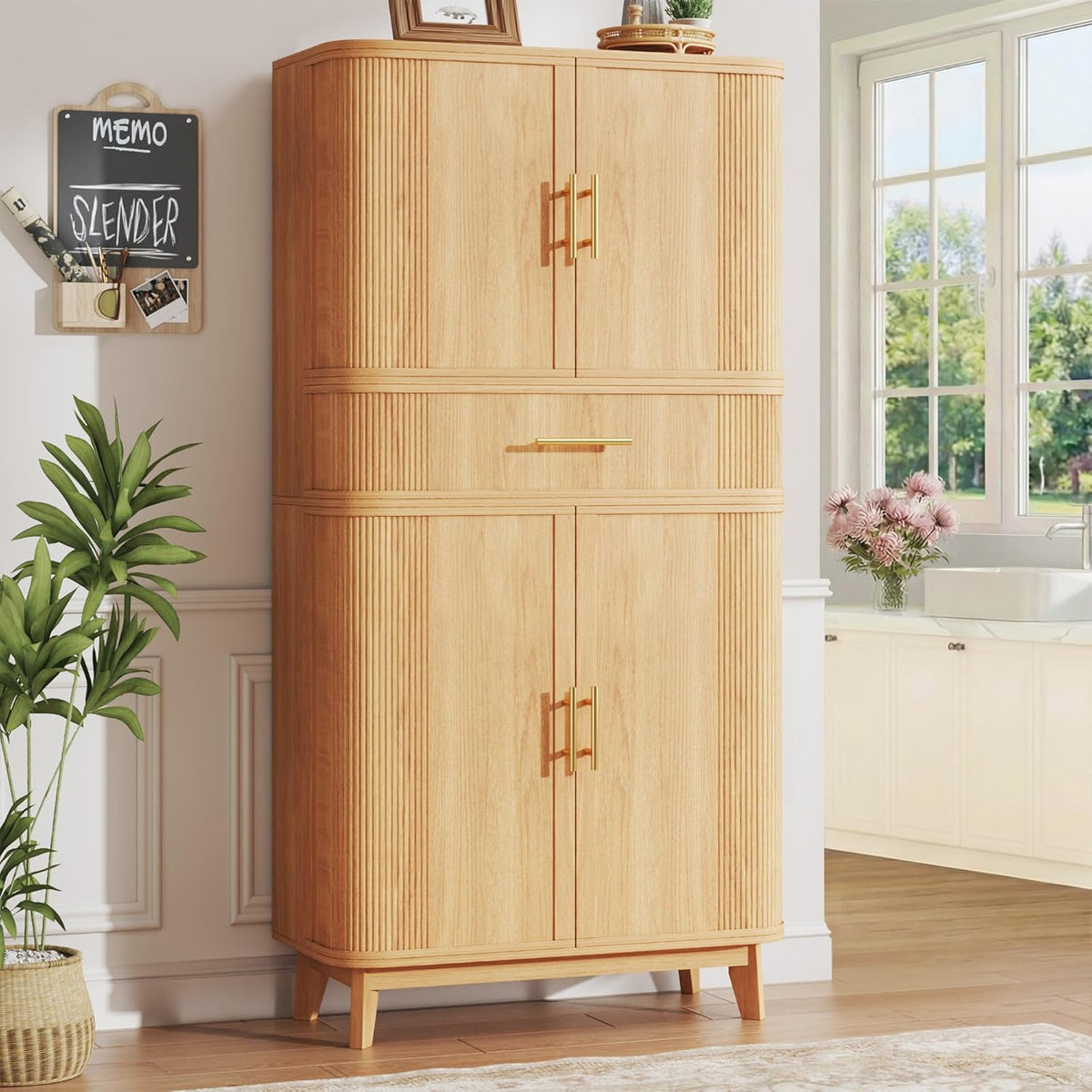 HUAHUU 71" Pantry Cabinet with Drawer, Kitchen Pantry Storage Cabinet with 4 Doors, Modern Curved Storage Cabinets with 10 Large Storage Spaces for Dining Room, Living Room, Oak