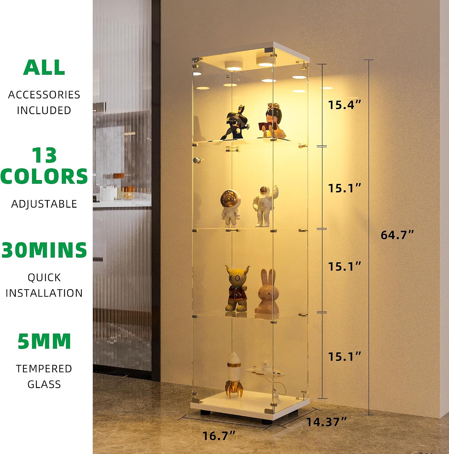 FANYUSHOW Display Cabinet with Glass Door and LED Light, 4-Tier Tempered Glass Display Shelf, Glass Curio Cabinet Collection Display Case, Display Case Cabinet, White 64.7" H x 16.7" L x 14.37" W