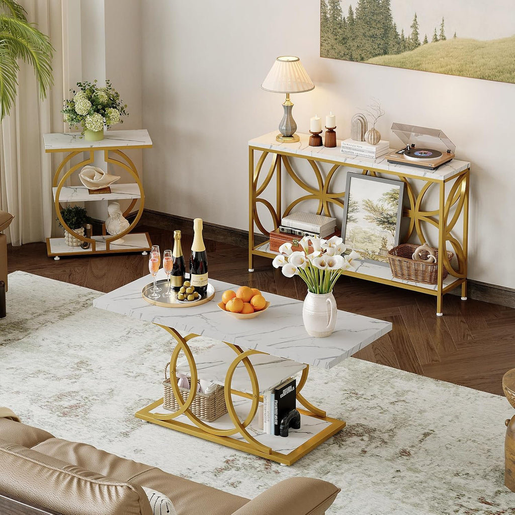 GiftGo Narrow Sofa Table 47.2 Inch, Industrial Sofa Table Behind Couch, Vintage Entry Console Table with Storage for Entryway, Living Room, Foyer, Elegant Design (White and Gold, 47.2)