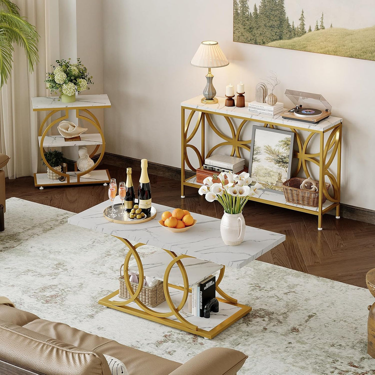 GiftGo Narrow Sofa Table 47.2 Inch, Industrial Sofa Table Behind Couch, Vintage Entry Console Table with Storage for Entryway, Living Room, Foyer, Elegant Design (White and Gold, 47.2)