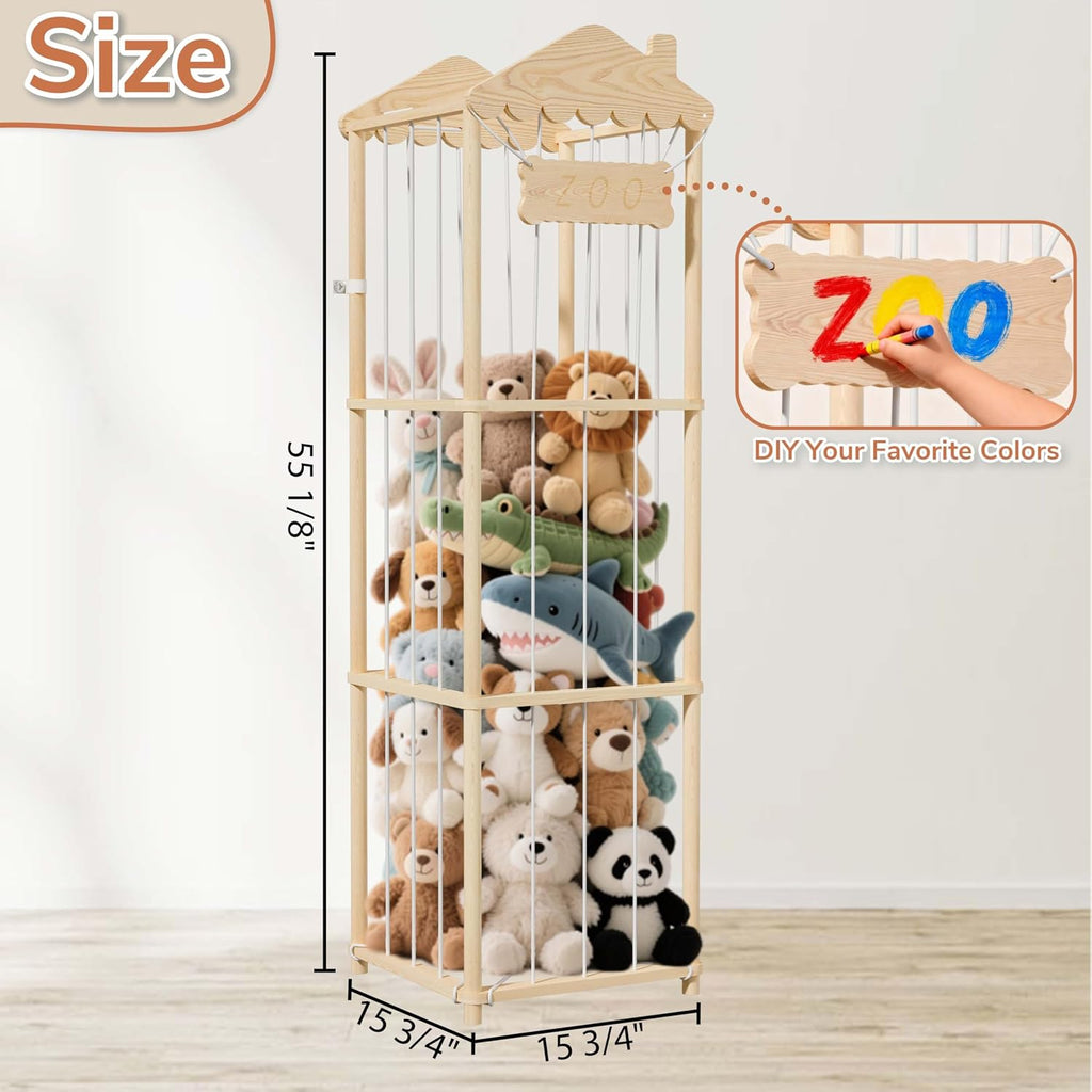 AMBIRD Stuffed Animal Storage, Wood Stuffed Animal Zoo Holder, Large Kids Toy Organizers, Plushies Storage for Boys Girls Bedroom, Playroom, Nursery (15.75 x 15.75 x 55 inch)