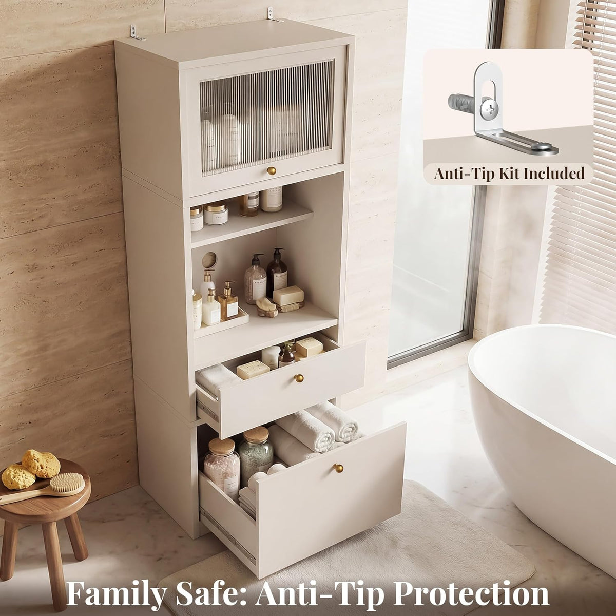 71''Tall Kitchen Pantry Cabinet with Oversized Microwave Shelf & Coffee Station-Tall Extra Deep Storage Hutch, Fluted Acrylic Doors,Adjustable Shelves,Drawers, Anti-Tip,White