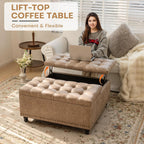 Redlife 35 Inch Large Square Storage Ottoman, Coffee Table Ottoman, Faux | Lift Top Ottomans Bench Square Footrest Oversized Upholstered Coffee Table for Living Room Bedroom Faux Leather (Champagne)