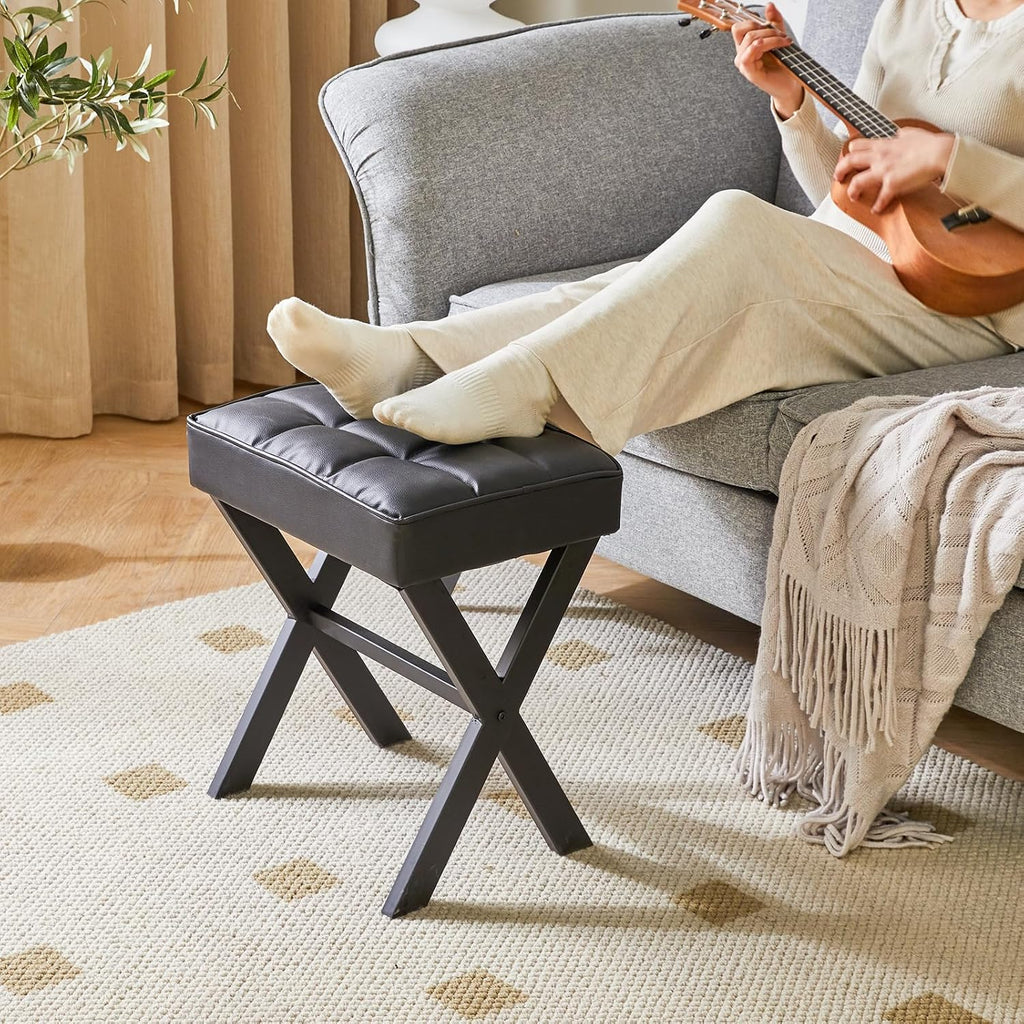IBUYKE Square Makeup Stool with X-Leg, PU Vanity Chair, Black LG-71B | Footrest Ottoman Seat Multi-Use Small Side Table Bedroom Living Room