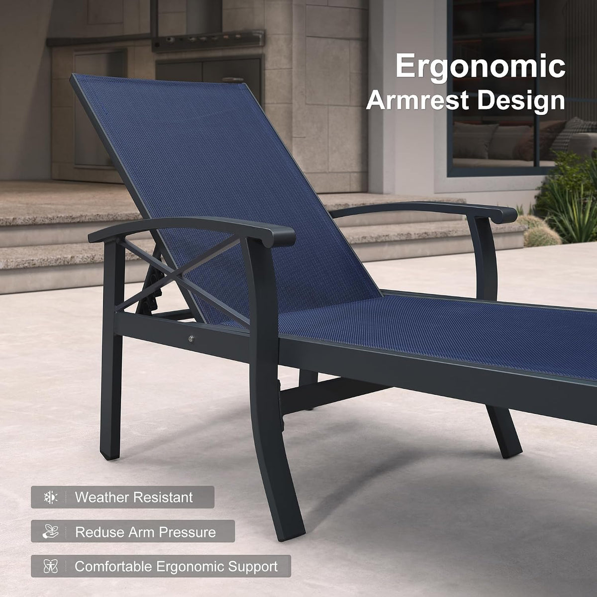 PURPLE LEAF Oversized Outdoor Lounge Chair Set of 2 Aluminum, Deep Blue | Extra wide full relaxation, Textilene quick dry & durable, Powder coat for anti-rust, Armrests added comfort, 5-Position