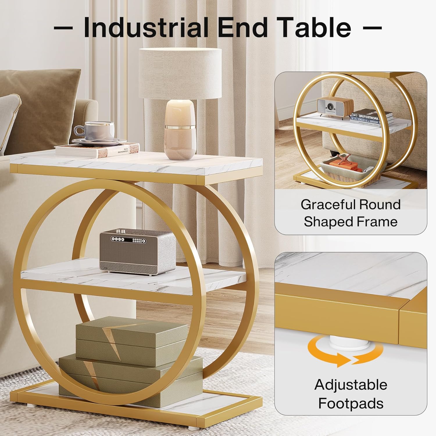 Tribesigns End Table with Storage Shelves, 3-Tier Wooden Industrial Sofa Side Table with Black Metal Frames for Living Room, Slim Nightstand and Bedside Table for Bedroom, White & Gold
