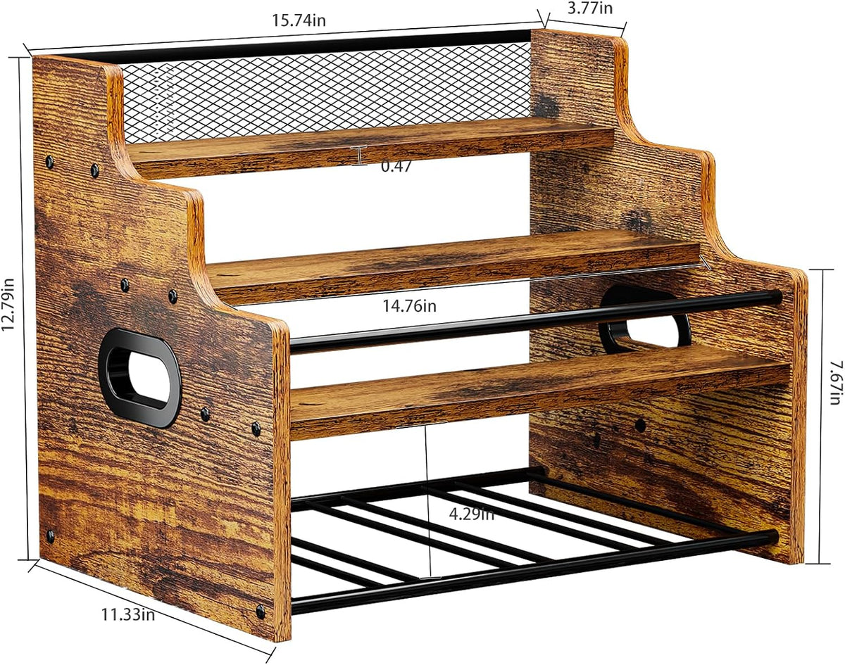 KLM 4-Tier Wood Display Shelf, Black Modern Bottle Organizer, Countertop Bar Stand for Liquor, Coffee Syrup, (Brown)