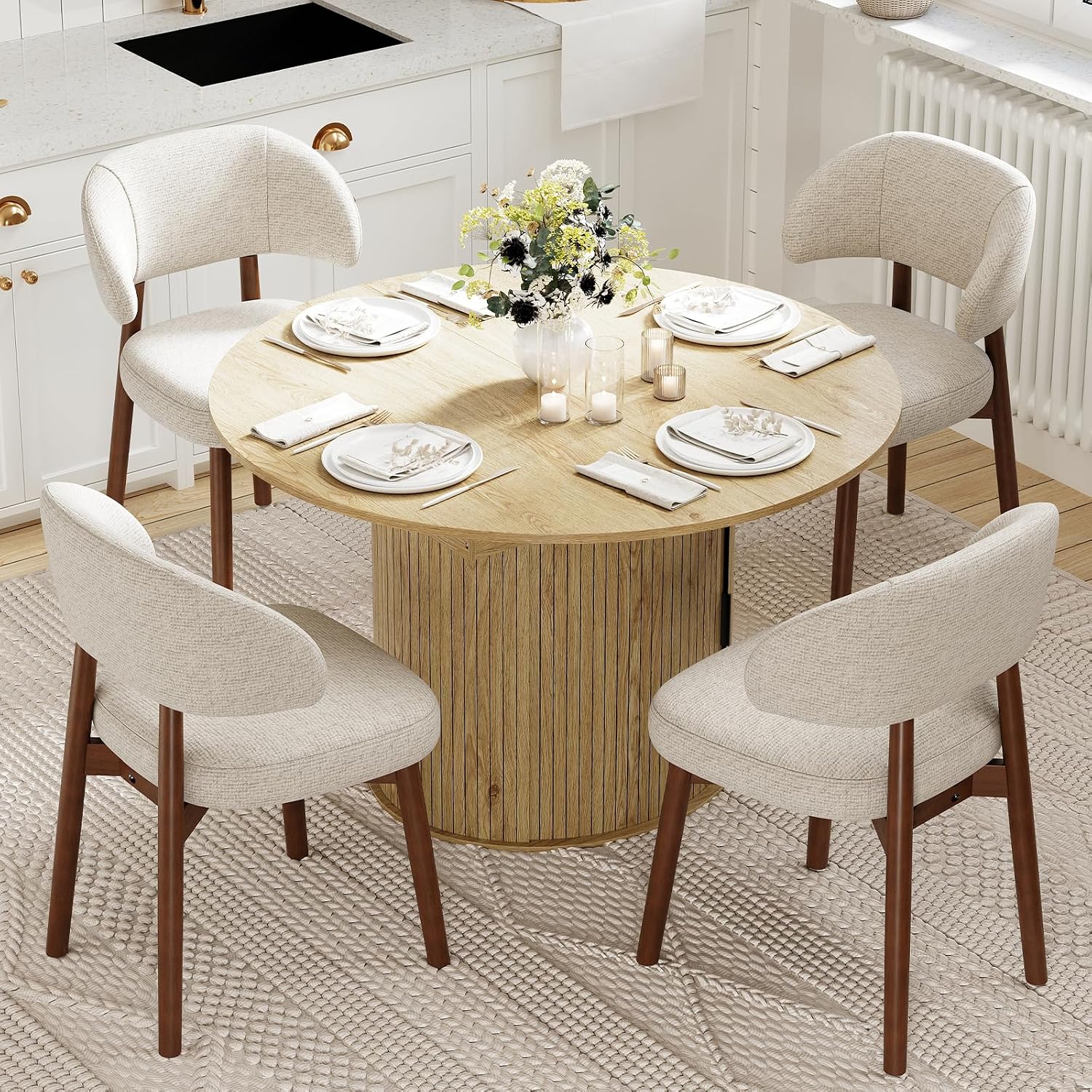 MALOL 47"-63" Extendable Round to Oval Dining Table Chairs Set for 4-8, Modern Wooden Kitchen Table and Chairs with Hidden Storage and Fluted Design for Dining Room/Small Space(Natural Wood and Brown)