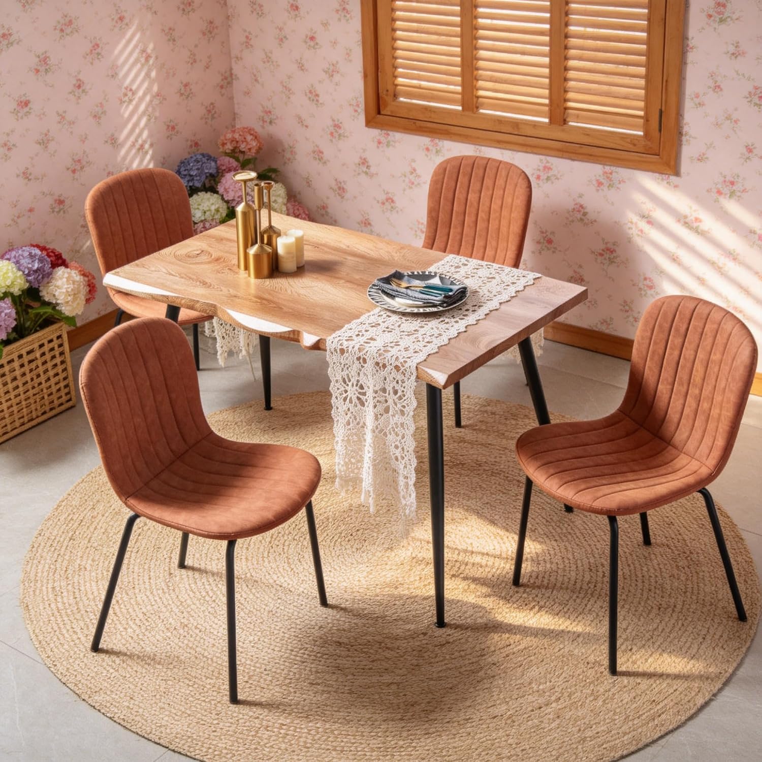 Dining Table Set for 4 with Brown PU Leather Chairs, Mid-Century Modern Rectangle Coffee Table,Kitchen Table and Chairs Set of 4, Perfect for Small Apartment, Home, Dining Room, Breakfast Nook