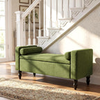End of Bed Bench for Bedroom, 45.7" Linen Storage Ottoman Bench with Removable Pillows, Upholstered Entryway Bench with Solid Wood Legs, Storage Cabinet for Bedroom, Living Room, Entryway, Green