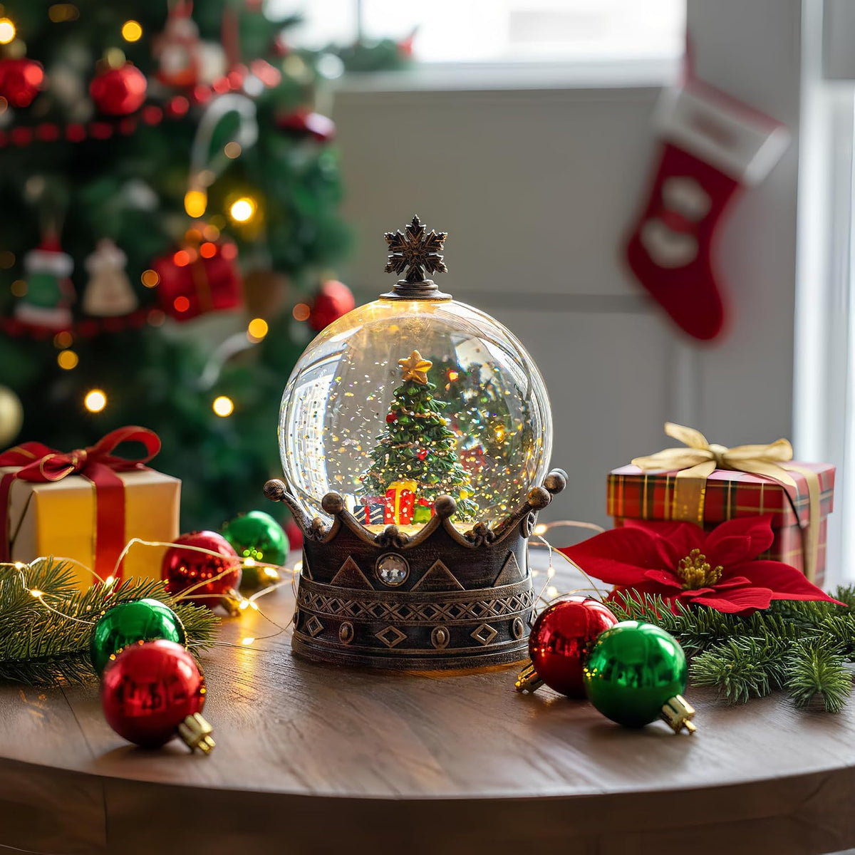 Snow Globe Lighted Christmas Decorations, Christmas Tree Musical Crown Snow Globe with Swirling Glitter, Christmas Holiday Party Gifts and Decorations