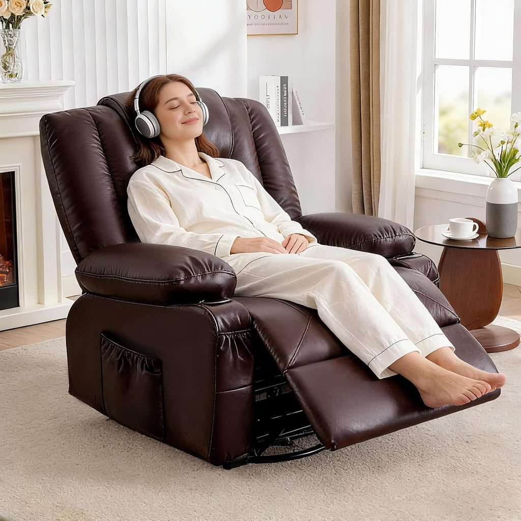 MAHOMICO Swivel Rocker Recliner Chair with Vibration Massage and Heat for Living Room,with Rocking Function and Side Pocket, PU Leather USB Charge Port,2 Cup Holders