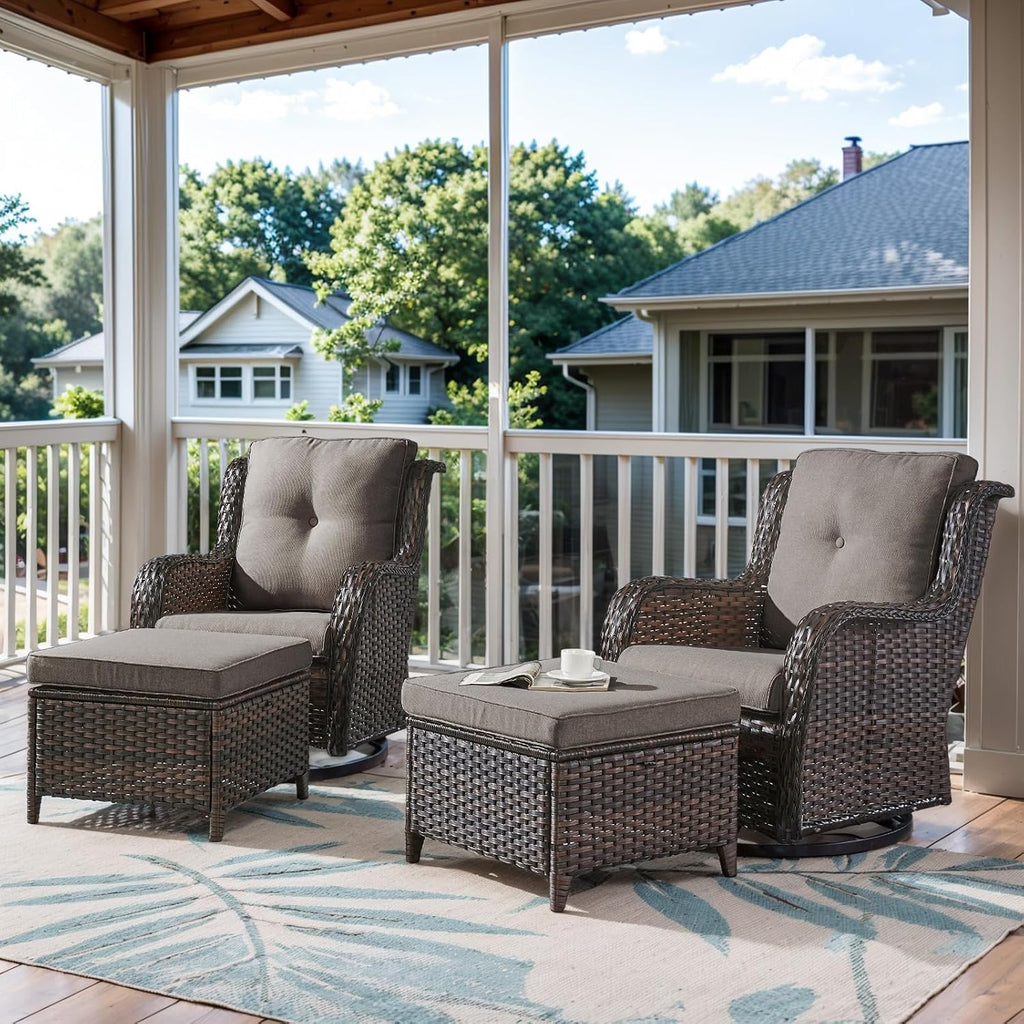 Belord Outdoor Swivel Chairs Set of 2,Patio Wicker Rocker Chairs with Ottomans, All Weather Patio Conversation Furniture Set, Ideal for Porch Balcony Deck Yard, Brown Wicker/Gray