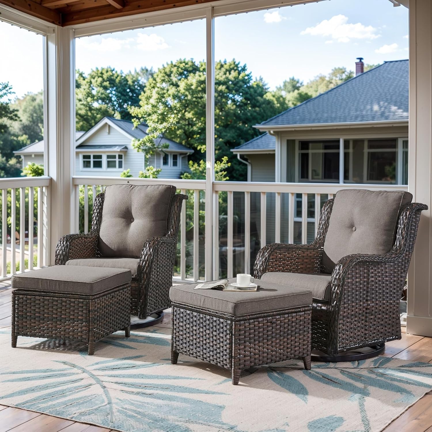 Belord Outdoor Swivel Chairs Set of 2,Patio Wicker Rocker Chairs with Ottomans, All Weather Patio Conversation Furniture Set, Ideal for Porch Balcony Deck Yard, Brown Wicker/Gray