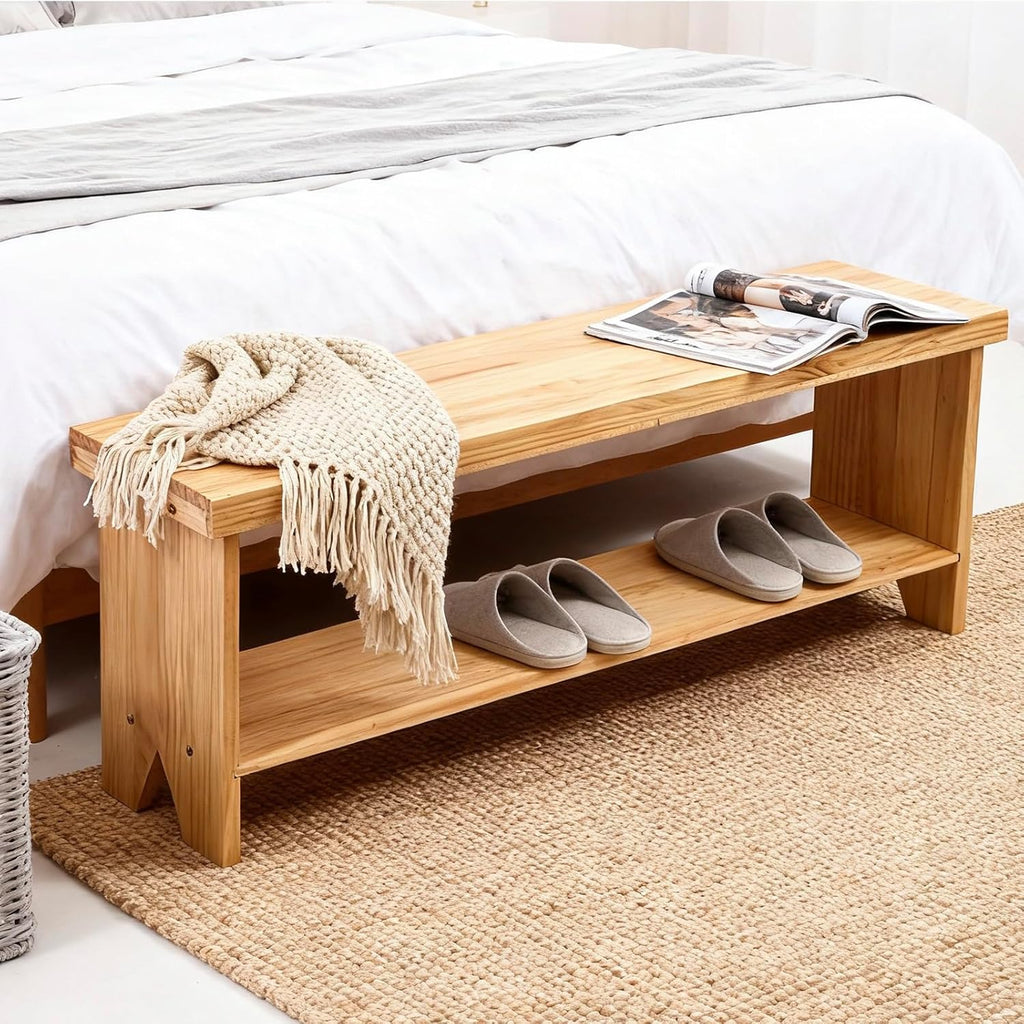 43" Solid Wood Farmhouse Bench, Entryway Bench with Storage Shelf, Narrow Rustic Indoor Bench for Bedroom, Entryway, Hallway, Dining