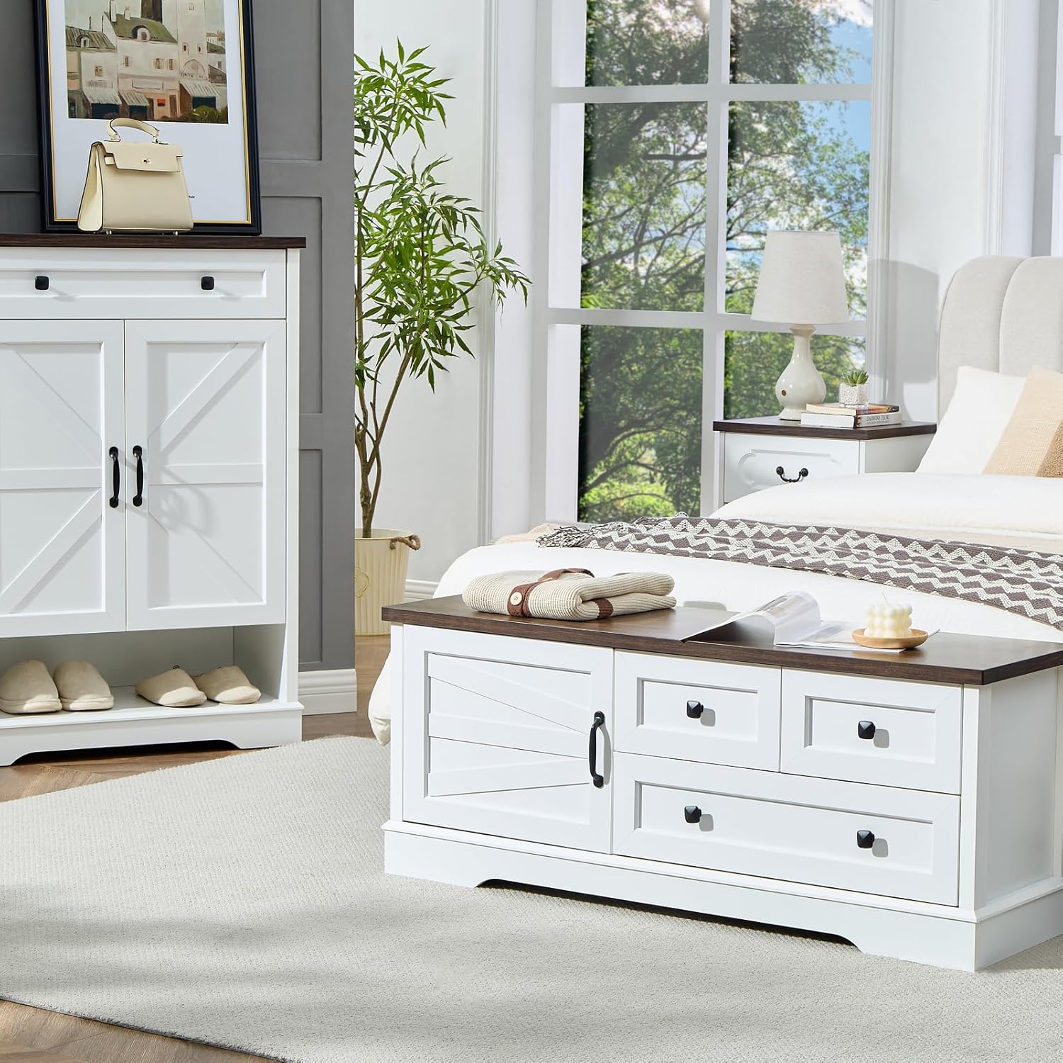 SOOWERY 48 Inch End of Bed Storage Bench, Farmhouse Bed Bench with Drawers and Cabinet, Rustic Shoe Storage Bench for Entryway, Bedroom,Living Room, White