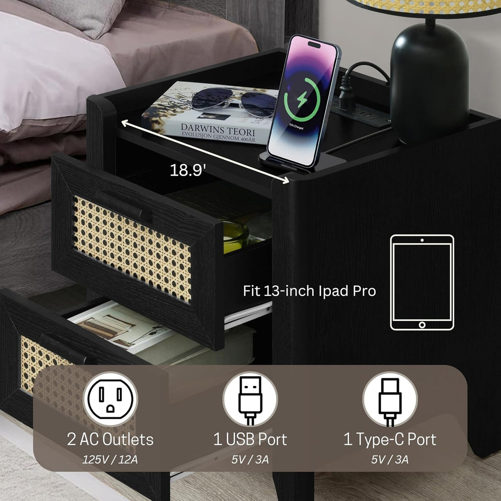 ELISA HOME Rattan-Inspired 2 Drawer Nightstand with Charging Station, Bedside Table with Drawers, Night Stand for Bedroom, End Table or Side Table for Living Room, 15.5" D x 18.9" W x 21.7" H, Black