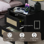 ELISA HOME Rattan-Inspired 2 Drawer Nightstand with Charging Station, Bedside Table with Drawers, Night Stand for Bedroom, End Table or Side Table for Living Room, 15.5" D x 18.9" W x 21.7" H, Black
