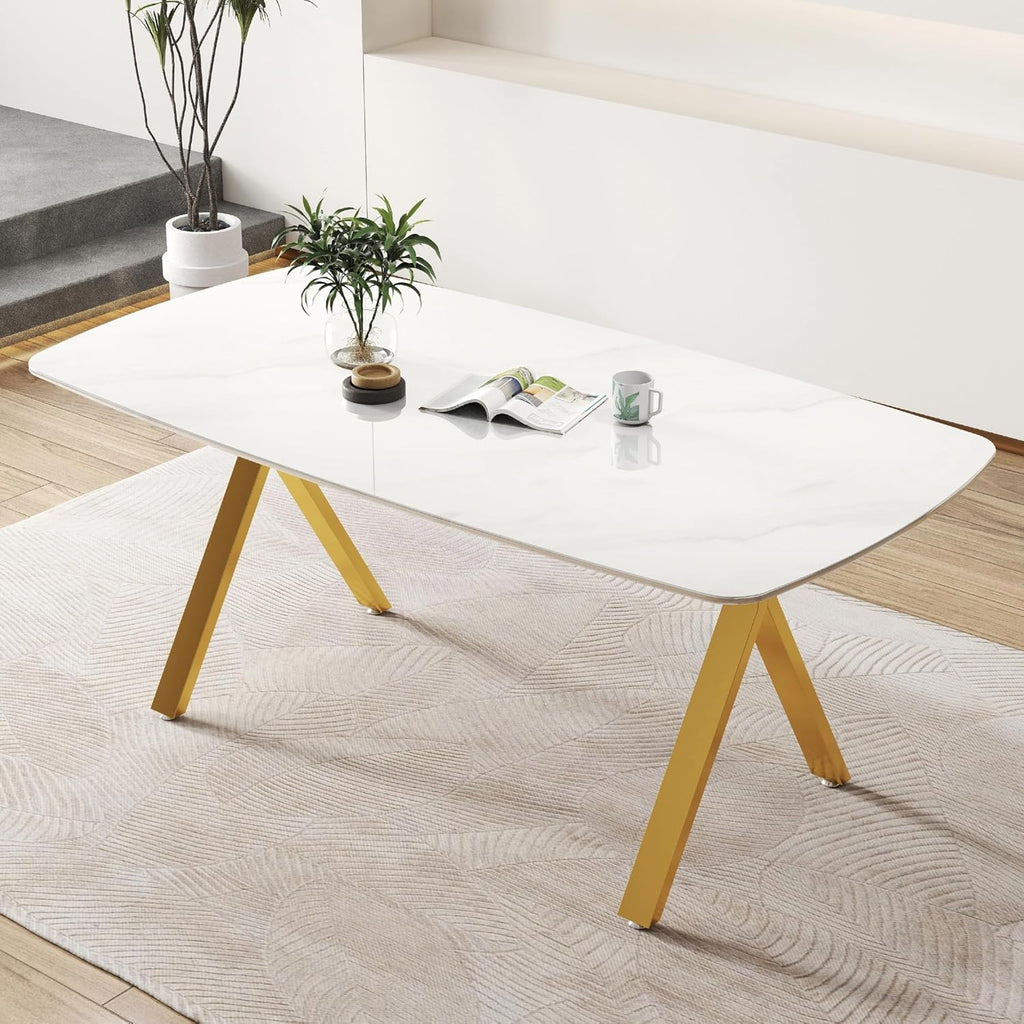 Meihua 51.2'' Dining Table with White Marble Pattern Tempered Glass Top, Sleek Metal Legs Stable Frame Dinner Table for 4-6 Persons, Luxury Kitchen Table for Home, Apartment & Office