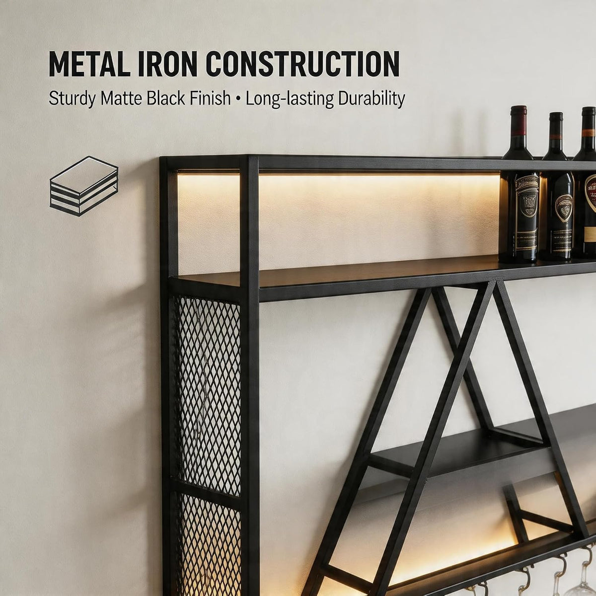 SEIFE Wall Mounted Bar Shelves with LED Lights, 3-Tier Industrial Metal Liquor Bottle Display Shelf with Wine Glass Rack, Floating Bar Cabinet for Home, Kitchen, Living Room(Gold,39.3in/100cm)