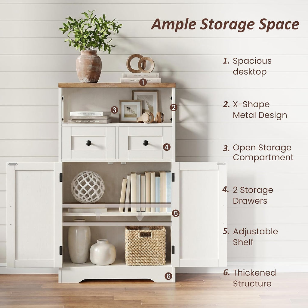 Farmhouse Storage Cabinet with Drawers, Small Kitchen Pantry Cabinet, White | Accent Coffee Bar Cabinet Cupboard, 2 Drawers, 2 Barn Doors & Adjustable Shelves, for Kitchen/Entryway/Living Room/Bathroom