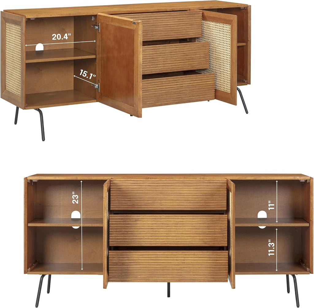 NTC MOSSIC Modern Large Sideboard with 2 Doors 3 Drawers, Natural Rattan Storage Cabinet, Buffet with Metal Legs, Boho Accent Cabinet for Living Room, and Entryway, Effortless Assembly, Teak Look