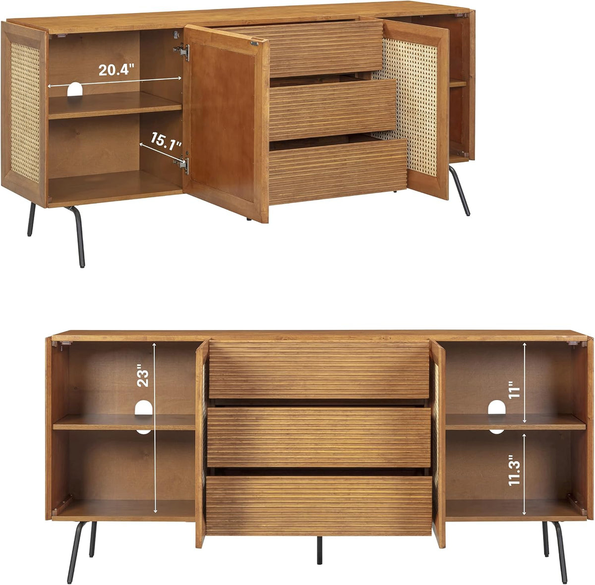 NTC MOSSIC Modern Large Sideboard with 2 Doors 3 Drawers, Natural Rattan Storage Cabinet, Buffet with Metal Legs, Boho Accent Cabinet for Living Room, and Entryway, Effortless Assembly, Teak Look